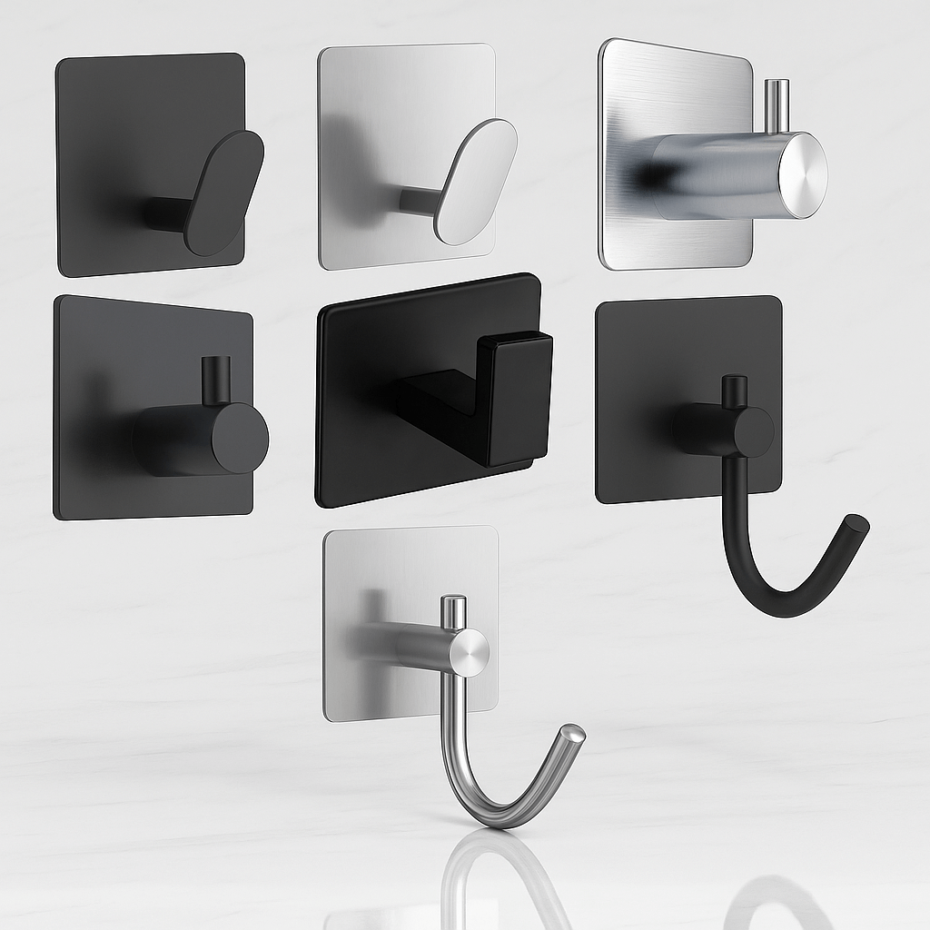 PrimeHook - 4-Pack | Rostfria Badkrokar med Självhäftande Fäste för Badrum och Kök