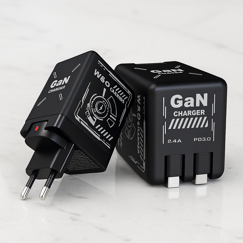ChargeNest - Kompakt GaN Snabbladdare med Inbyggda Utdragbara Kablar för USB-C & Lightning