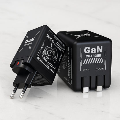 ChargeNest - Kompakt GaN Snabbladdare med Inbyggda Utdragbara Kablar för USB-C & Lightning