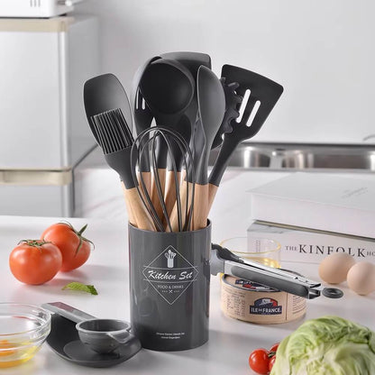 DARCY – 12-Delars Silikon Köksredskap Set med Trähandtag, Värmetåliga Non-Stick Köksverktyg för Matlagning