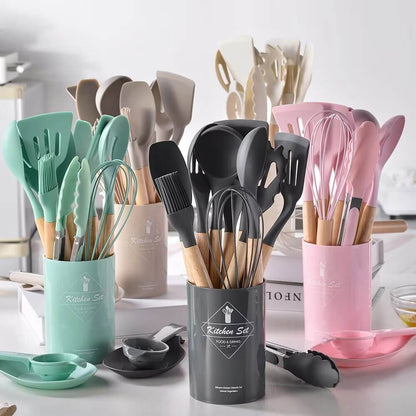 DARCY – 12-Delars Silikon Köksredskap Set med Trähandtag, Värmetåliga Non-Stick Köksverktyg för Matlagning