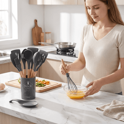 DARCY – 12-Delars Silikon Köksredskap Set med Trähandtag, Värmetåliga Non-Stick Köksverktyg för Matlagning