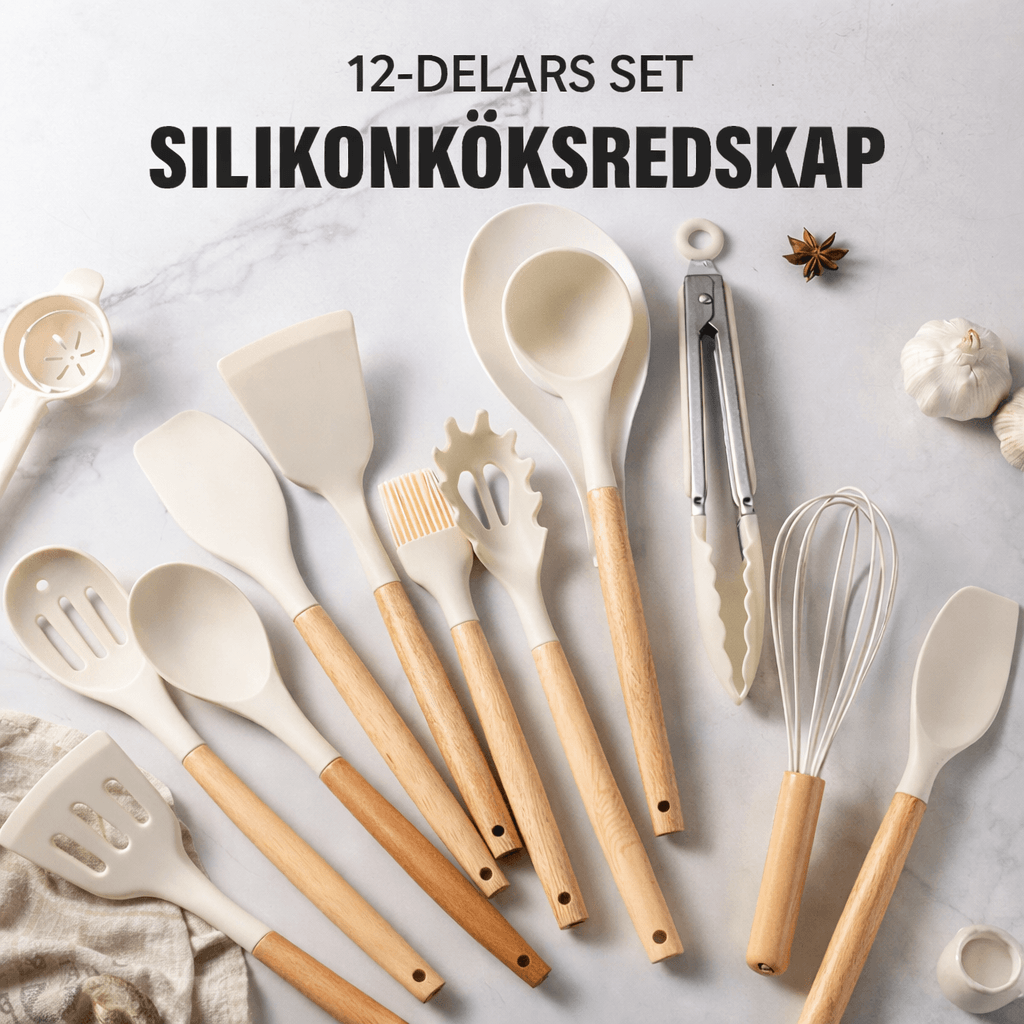 DARCY – 12-Delars Silikon Köksredskap Set med Trähandtag, Värmetåliga Non-Stick Köksverktyg för Matlagning