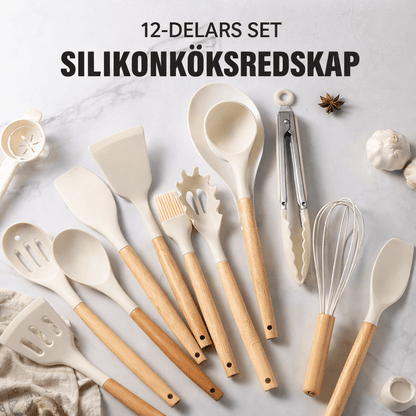 DARCY – 12-Delars Silikon Köksredskap Set med Trähandtag, Värmetåliga Non-Stick Köksverktyg för Matlagning