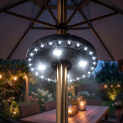 DENNIS - LED-lampa för Utomhusparasoll med 24 Huvudlampor och 4 Spotlights för Uteplats och Camping