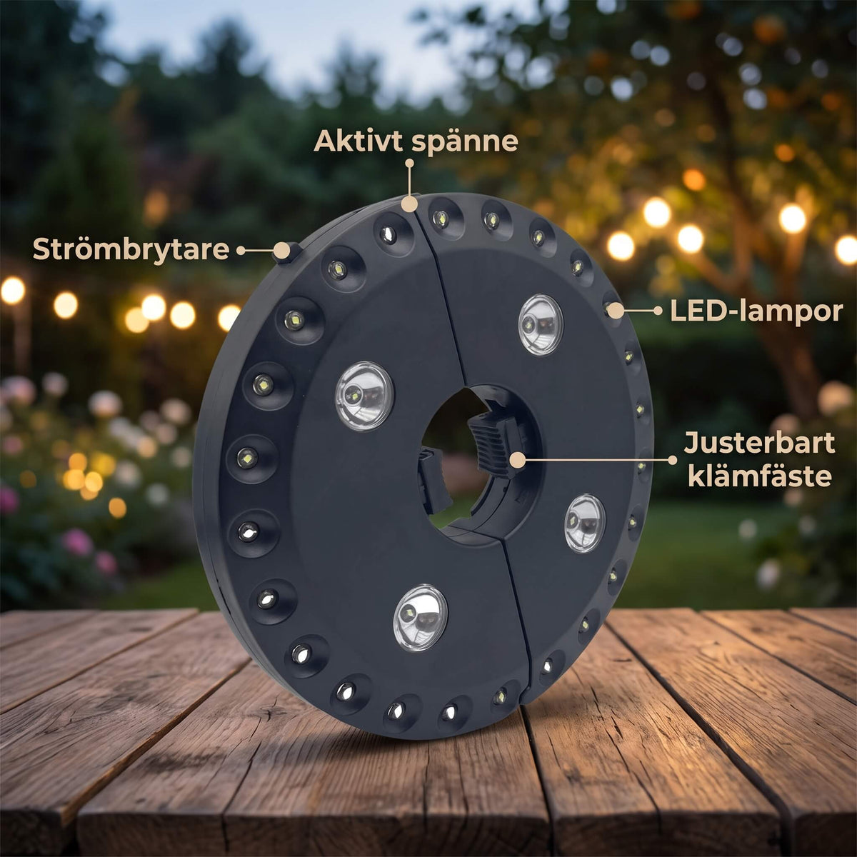 DENNIS - LED-lampa för Utomhusparasoll med 24 Huvudlampor och 4 Spotlights för Uteplats och Camping