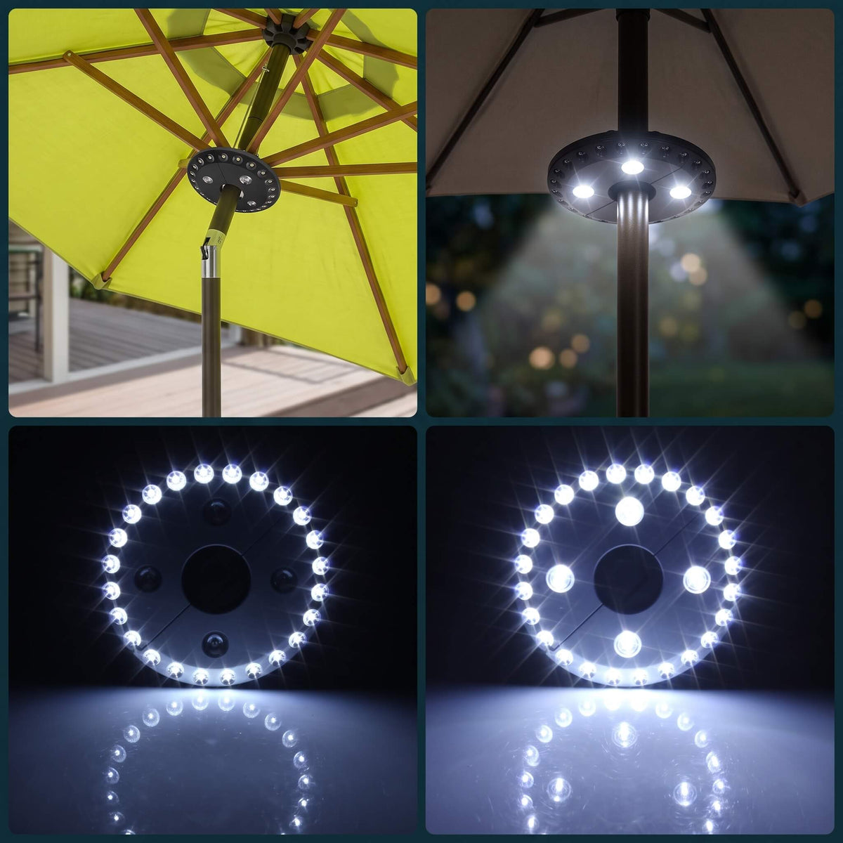 DENNIS - LED-lampa för Utomhusparasoll med 24 Huvudlampor och 4 Spotlights för Uteplats och Camping