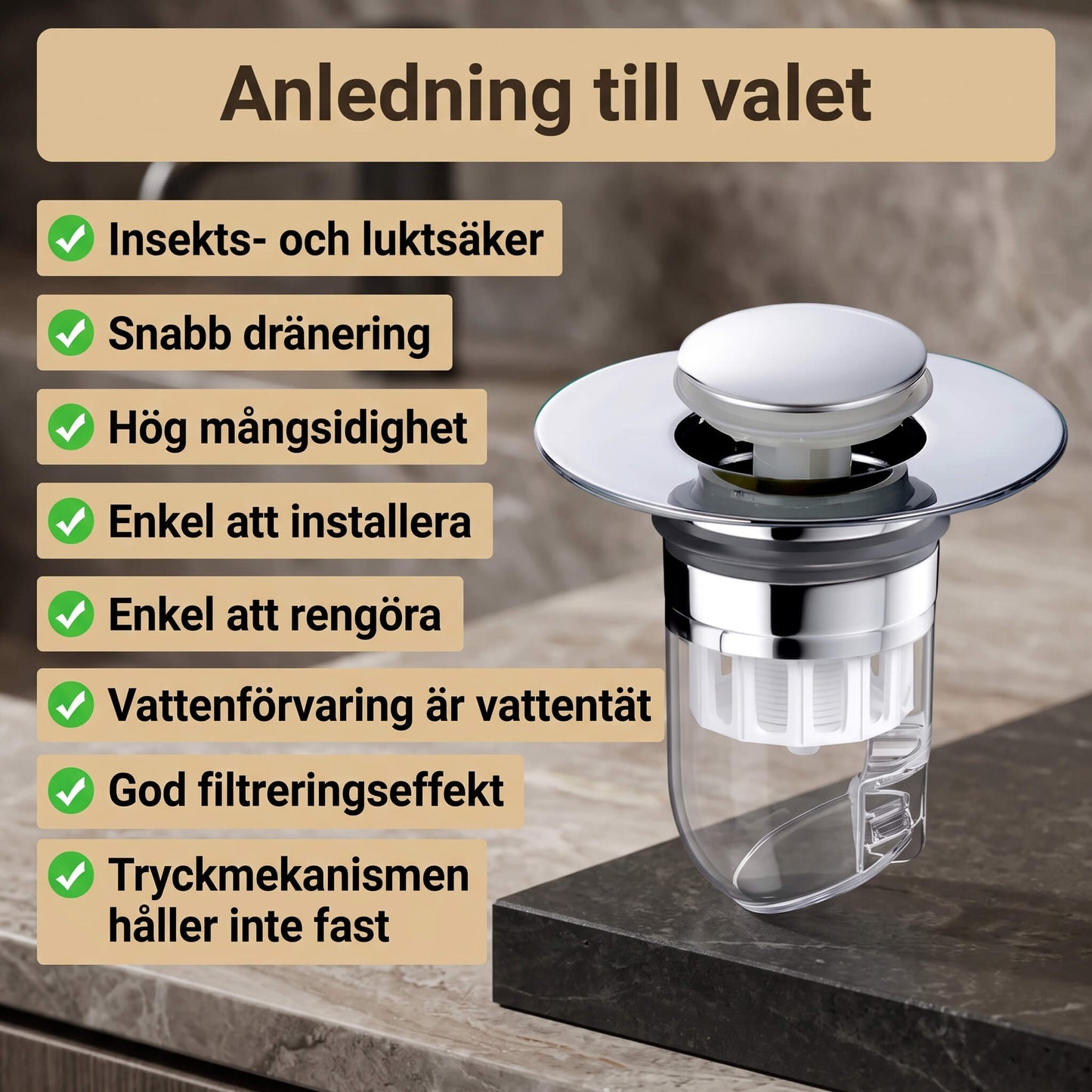 DrainGuard – Universele pop-up waterafvoer met haarfilter en geurbarrière voor gootstenen en wasbakken