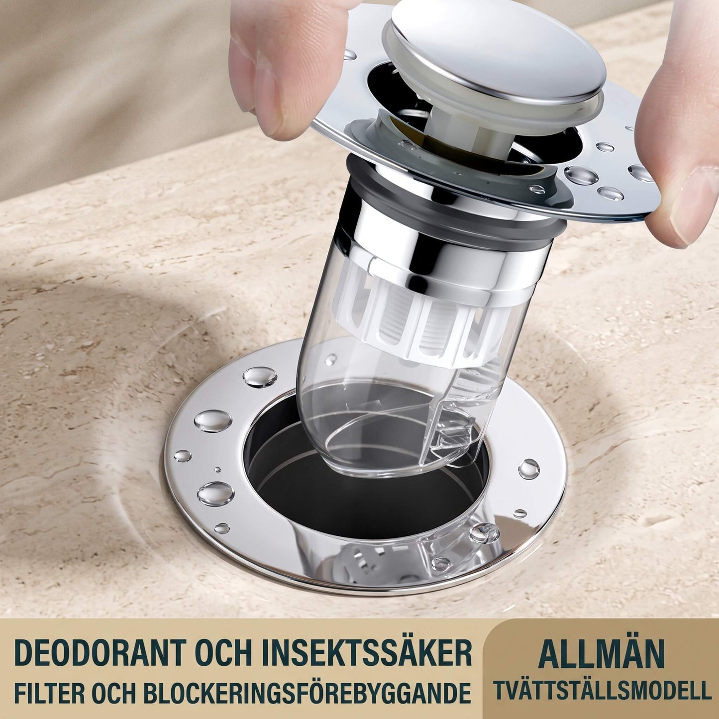 DrainGuard – Universele pop-up waterafvoer met haarfilter en geurbarrière voor gootstenen en wasbakken