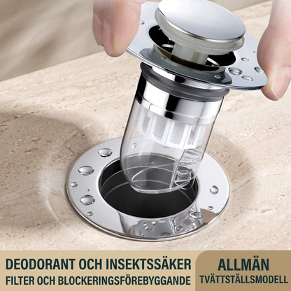 DrainGuard – Universele pop-up waterafvoer met haarfilter en geurbarrière voor gootstenen en wasbakken