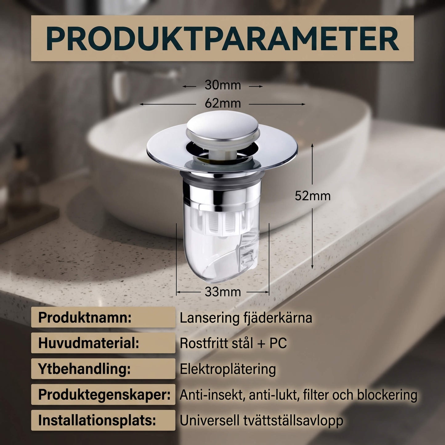 DrainGuard – Universele pop-up waterafvoer met haarfilter en geurbarrière voor gootstenen en wasbakken
