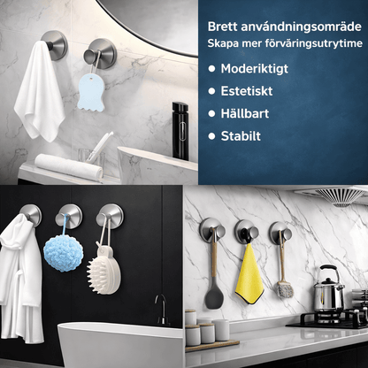 ELISA – Sugkrokar i Rostfritt Stål för Badrum, Kök och Andra Ytor, Vattentåliga och Återanvändbara, Punch-Free Väggmontering
