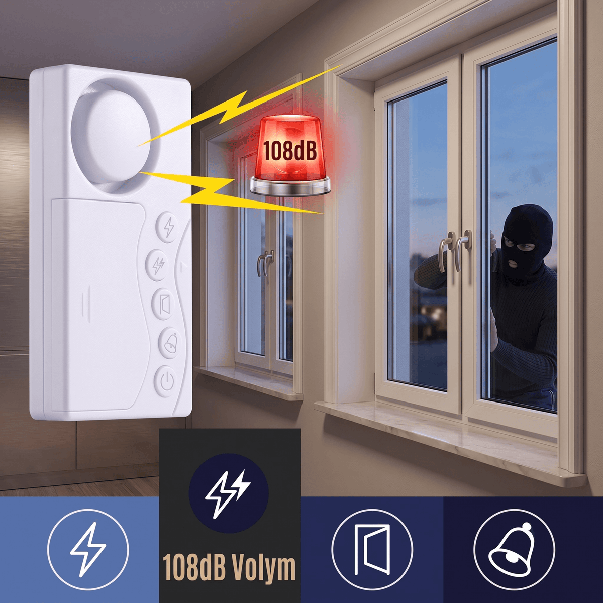 ESTER – Trådlöst Dörr- och Fönsterlarm med Magnetsensor – 108dB Inbrottslarm för Hem och Fönster