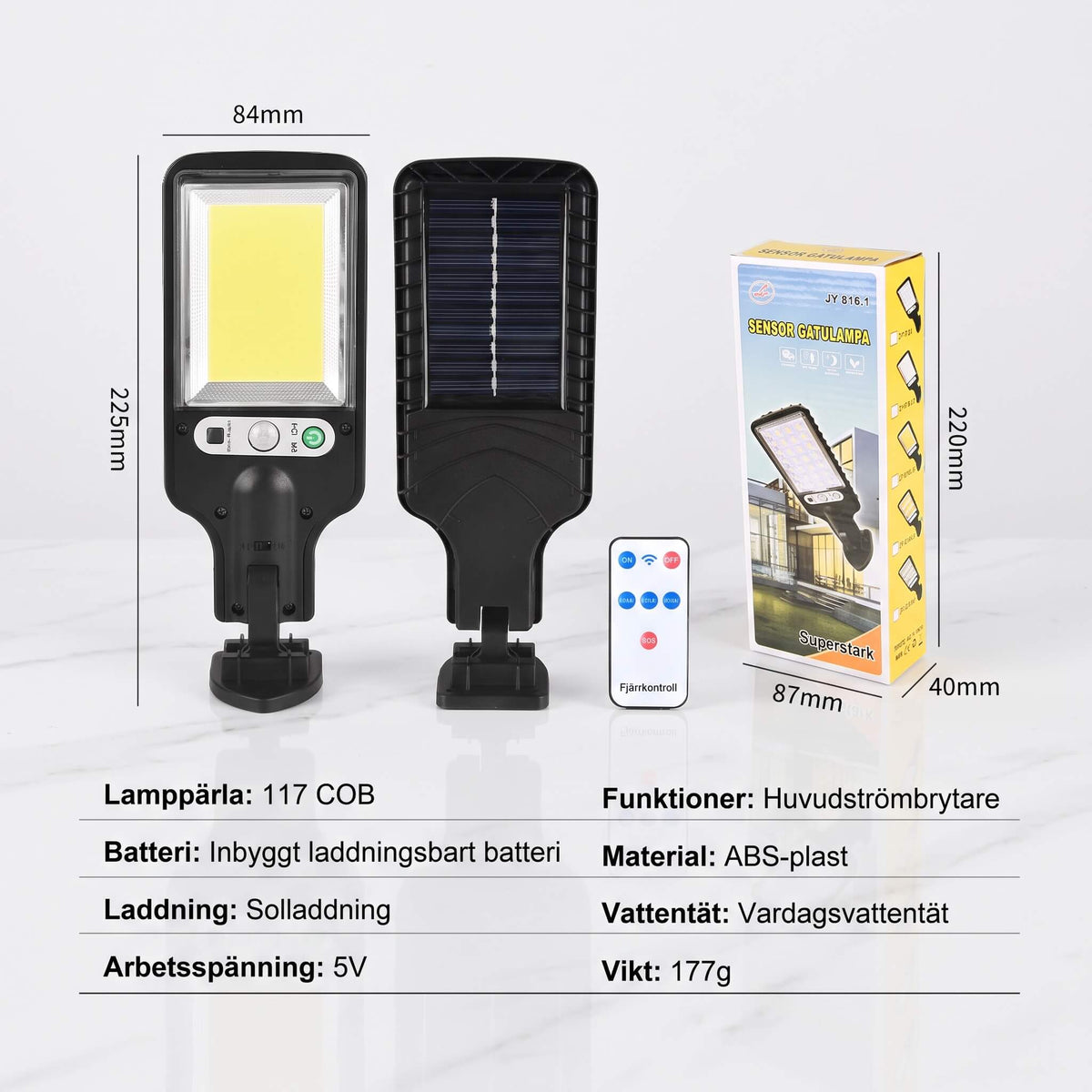 FELIX – Solar-Powered LED Wall Light with Motion Sensor and Remote Control – 3 Lighting Modes and 180° Wide Angle for Outdoor Use
