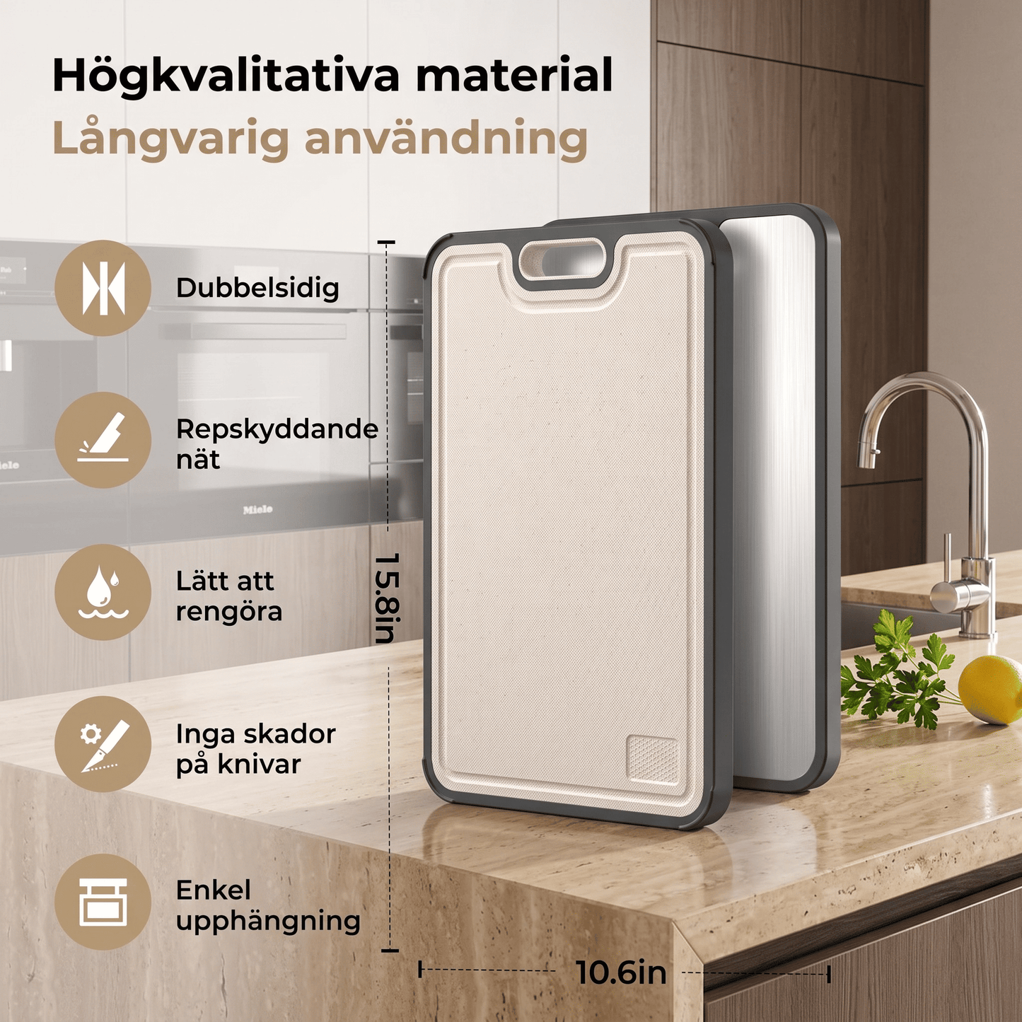 FRODE – Dobbeltsidet skærebræt af titanium og hvedestrå – Antibakterielt skærebræt til rå og tilberedte fødevarer