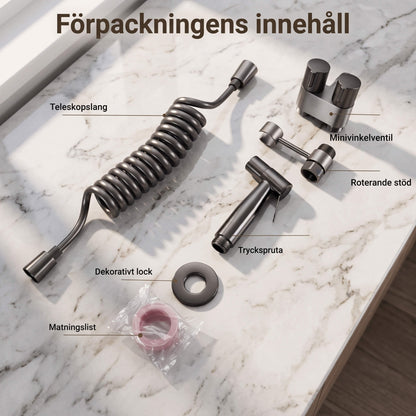 FlushEase – Handdusch för Toalett med Rostfritt Stål, Dubbla Utgångar & Teleskopslang