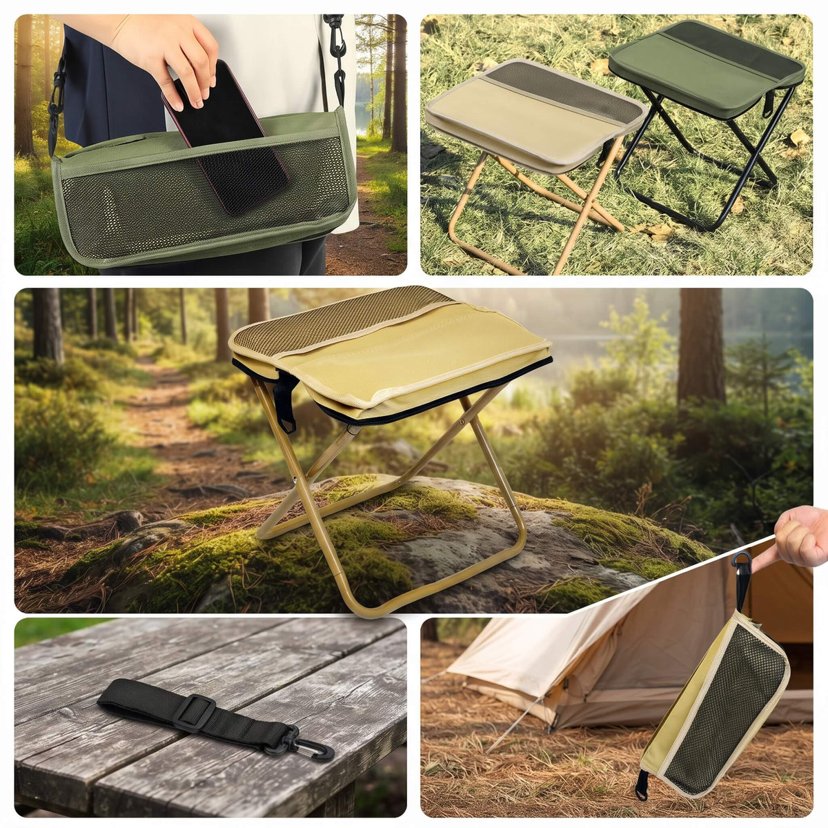 FoldSeat – Kompakt Sammenleggbar Krakk med Bærestropp og Værbestandig Pute for Reiser, Camping og Hverdag