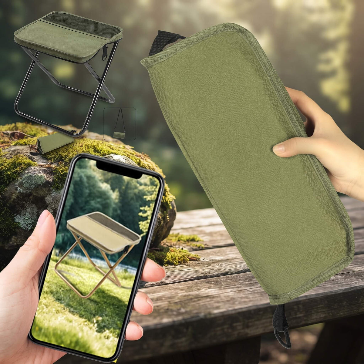 FoldSeat – Kompakt Sammenleggbar Krakk med Bærestropp og Værbestandig Pute for Reiser, Camping og Hverdag