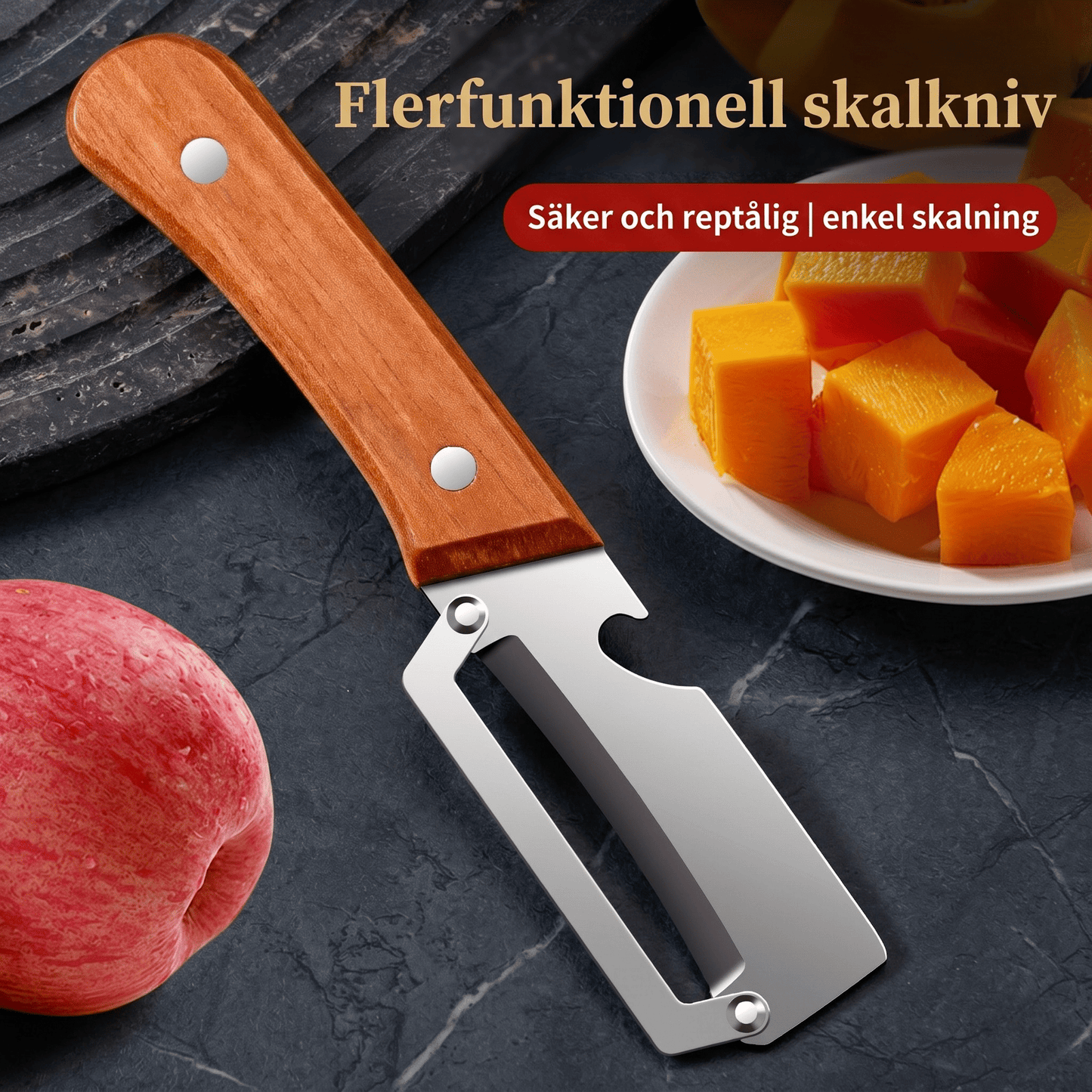 GUDMUND – Éplucheur 2-en-1 à lame courbée en acier inoxydable 3Cr13 et manche en bois – Éplucheur manuel pour fruits et légumes avec tire-bouchon intégré