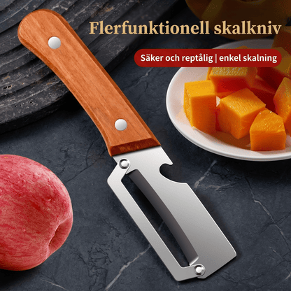 GUDMUND – Éplucheur 2-en-1 à lame courbée en acier inoxydable 3Cr13 et manche en bois – Éplucheur manuel pour fruits et légumes avec tire-bouchon intégré