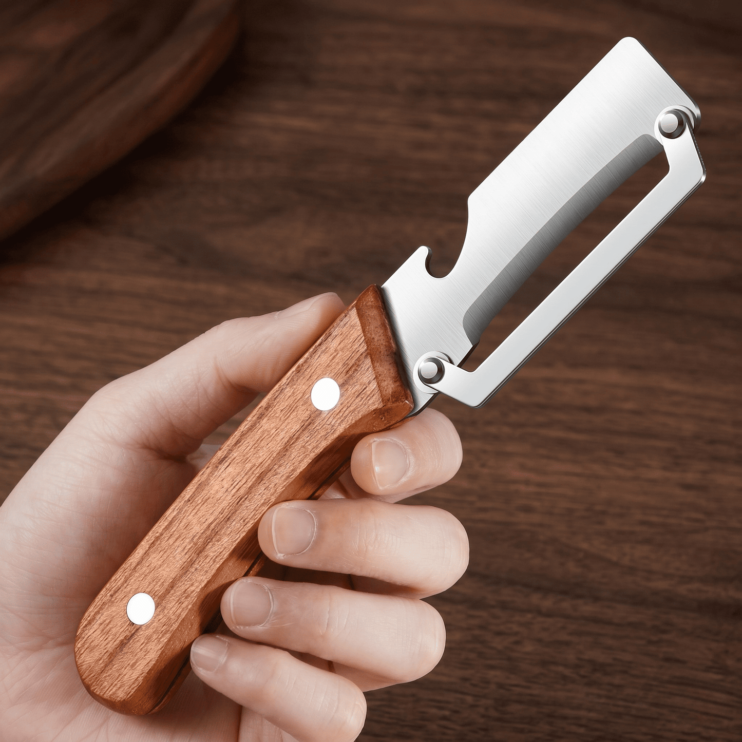 GUDMUND – Éplucheur 2-en-1 à lame courbée en acier inoxydable 3Cr13 et manche en bois – Éplucheur manuel pour fruits et légumes avec tire-bouchon intégré