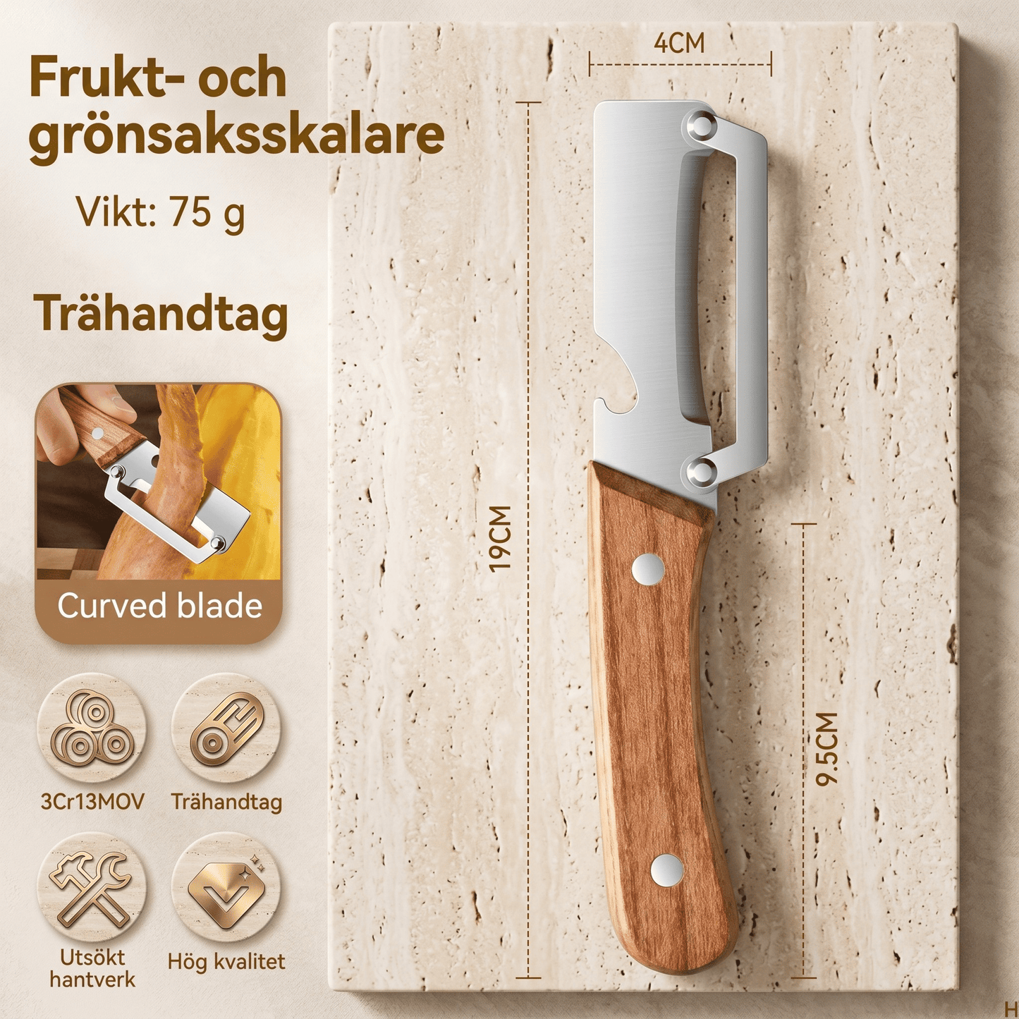 GUDMUND – Éplucheur 2-en-1 à lame courbée en acier inoxydable 3Cr13 et manche en bois – Éplucheur manuel pour fruits et légumes avec tire-bouchon intégré