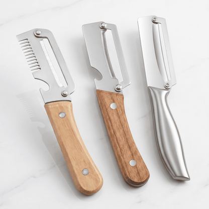GUDMUND – Éplucheur 2-en-1 à lame courbée en acier inoxydable 3Cr13 et manche en bois – Éplucheur manuel pour fruits et légumes avec tire-bouchon intégré
