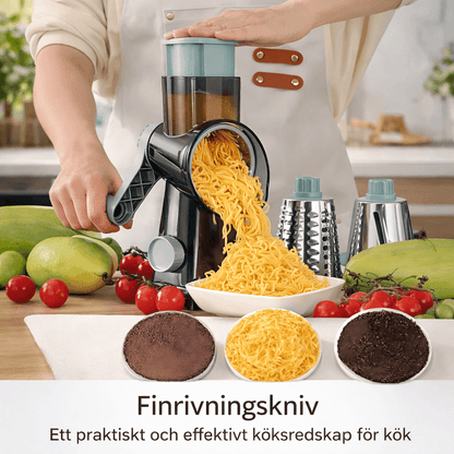 GratePro – 3-i-1 Roterande Rivjärn med Skiv- & Strimlingsfunktion för Ost, Grönsaker och Nötter
