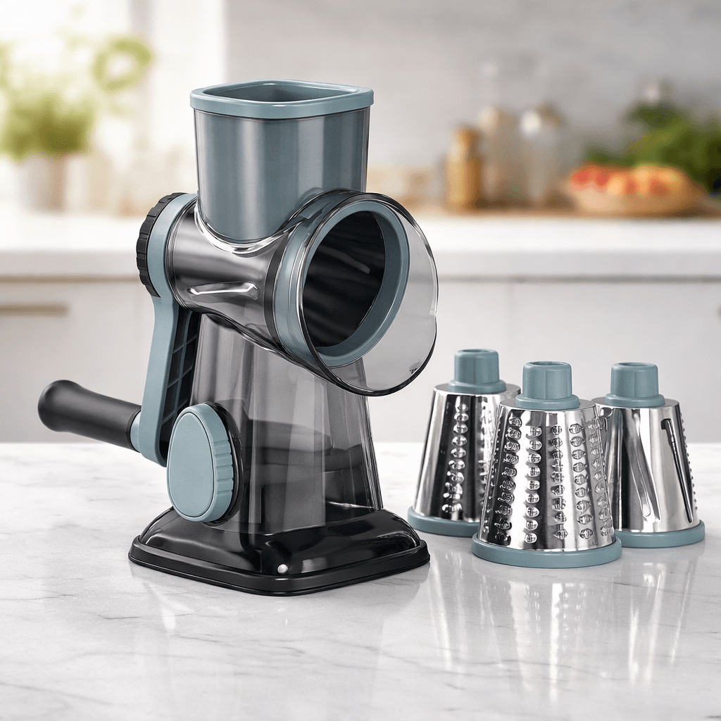 GratePro – 3-i-1 Roterande Rivjärn med Skiv- & Strimlingsfunktion för Ost, Grönsaker och Nötter