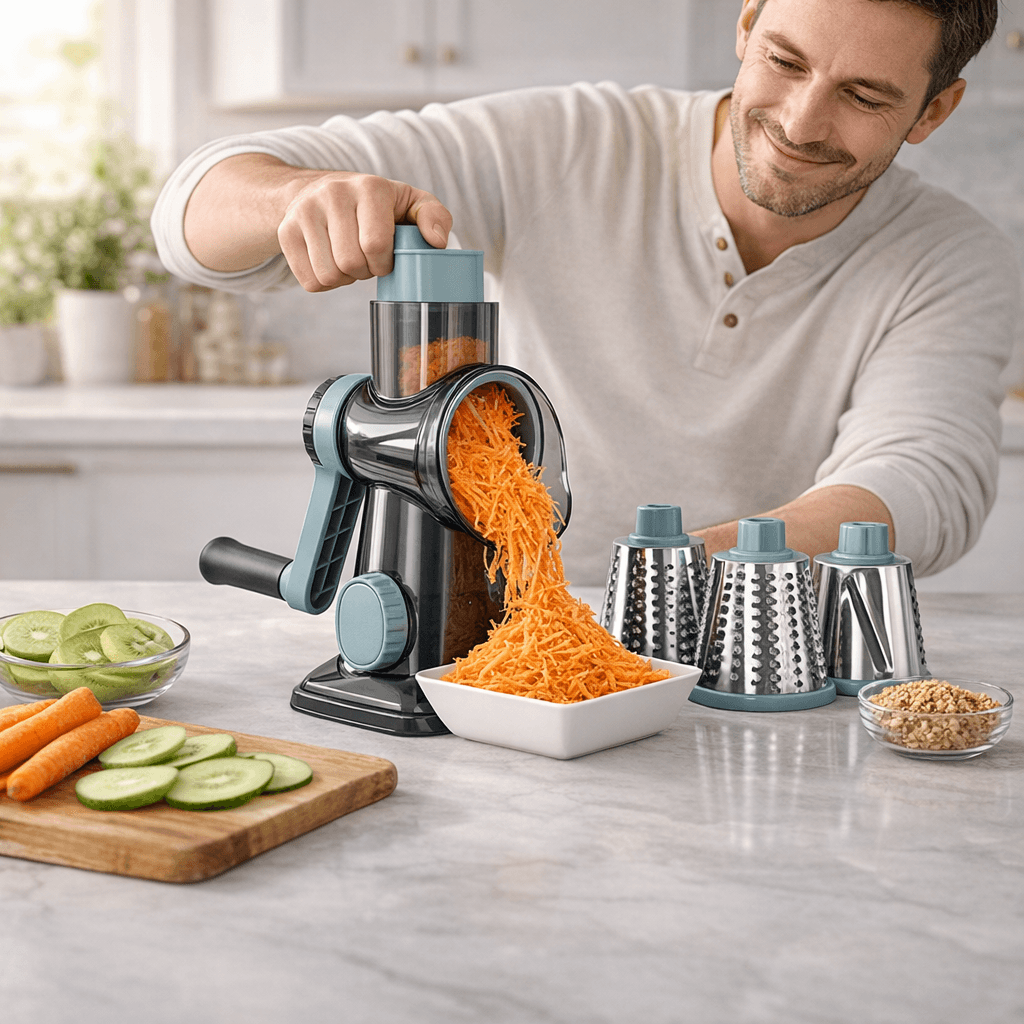 GratePro – 3-i-1 Roterande Rivjärn med Skiv- & Strimlingsfunktion för Ost, Grönsaker och Nötter