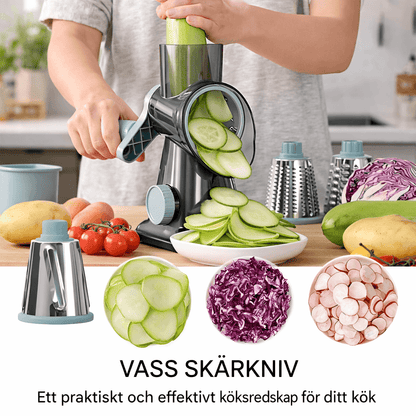 GratePro – 3-i-1 Roterande Rivjärn med Skiv- & Strimlingsfunktion för Ost, Grönsaker och Nötter