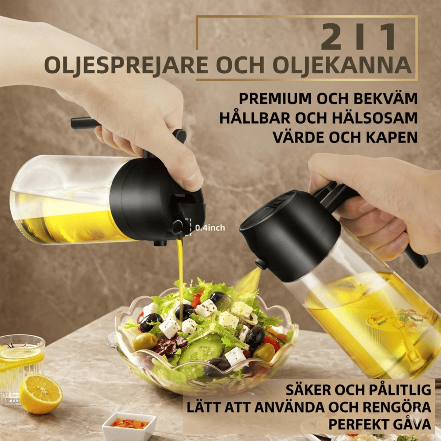 HAKON – 2-i-1 Oljespray och Oljedispenser 500 ml i Livsmedelsgodkänt Glas och PP – Återfyllningsbar Köksflaska