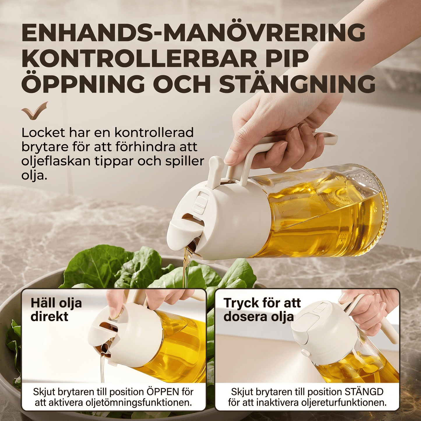 HAKON – 2-i-1 Oljespray och Oljedispenser 500 ml i Livsmedelsgodkänt Glas och PP – Återfyllningsbar Köksflaska