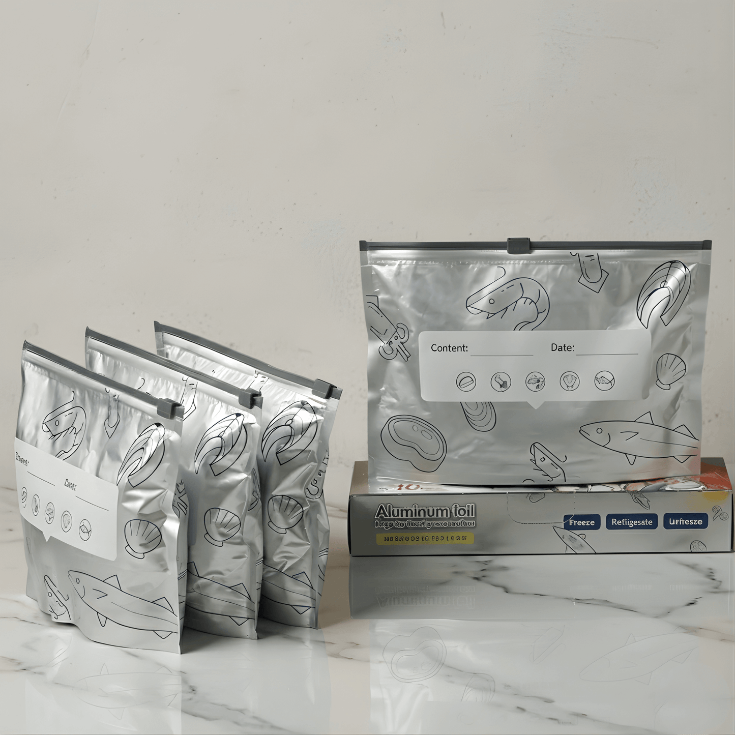 HAZEL – Reusable Eco-Friendly Aluminium Foil Storage Bags for the Fridge & Freezer, Airtight Sealing for Food