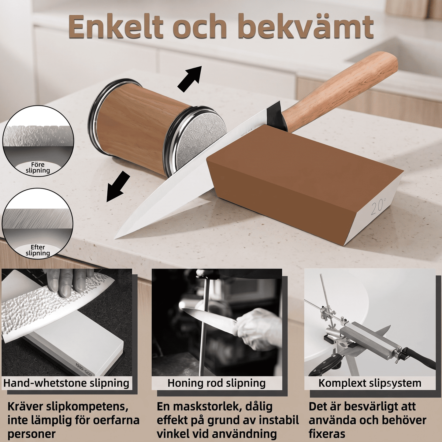 HILMA – Rullande Knivslip med Magnetisk Hållare – Diamantslipsten med 15° och 20° Vinkel för Köksknivar