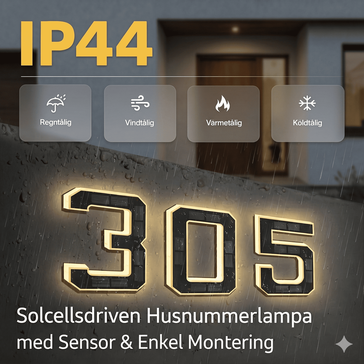 JASPER - Solarbetriebene Nummernleuchte für Haus, Hotel, Geschäft & Briefkasten mit IP44, Sensor und einfacher Montage