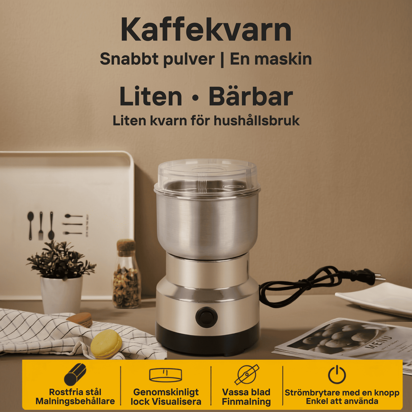 LIVIA – Elektrisk Mini-Kvern for Kaffe, Krydder & Babymat, Ultrafin Maling