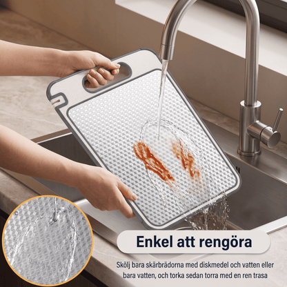 MOA – Dubbelsidig Skärbräda i Rostfritt Stål och Vetestrå – Reptålig Skärbräda med Halkfria Kanter