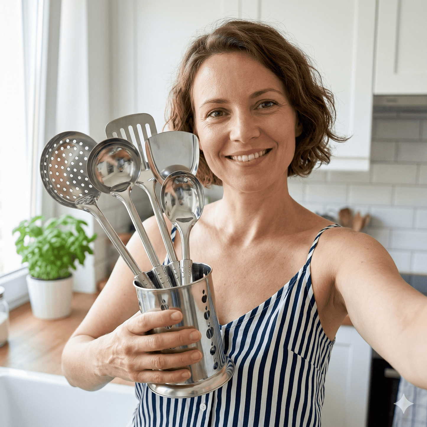 MYRA - Set de 6 outils de cuisine en acier inoxydable avec poignée ergonomique et trou de suspension