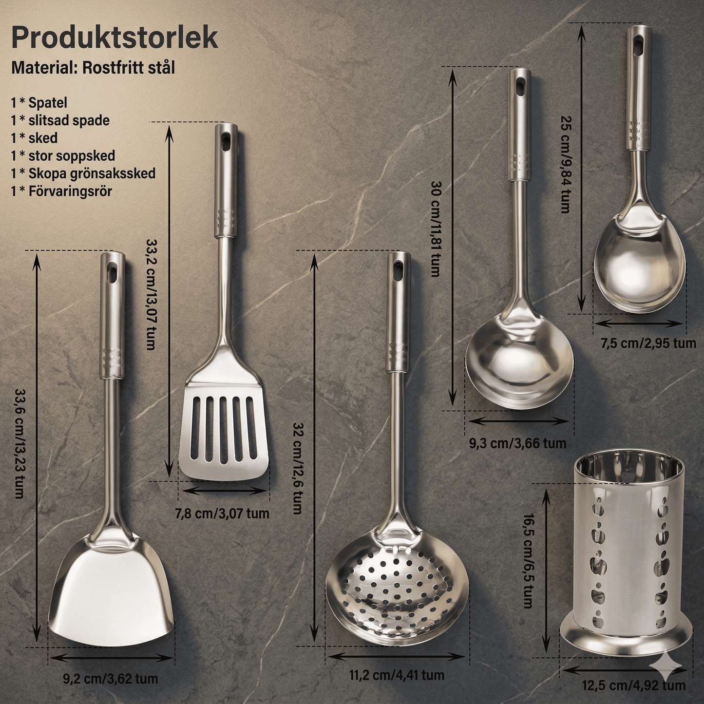 MYRA - Set de 6 outils de cuisine en acier inoxydable avec poignée ergonomique et trou de suspension
