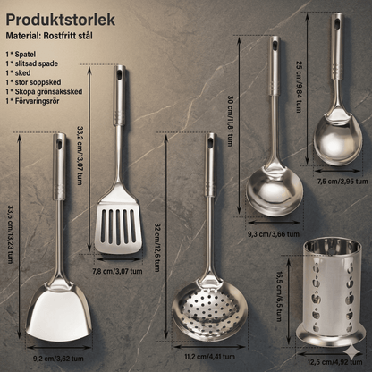 MYRA - Set de 6 outils de cuisine en acier inoxydable avec poignée ergonomique et trou de suspension