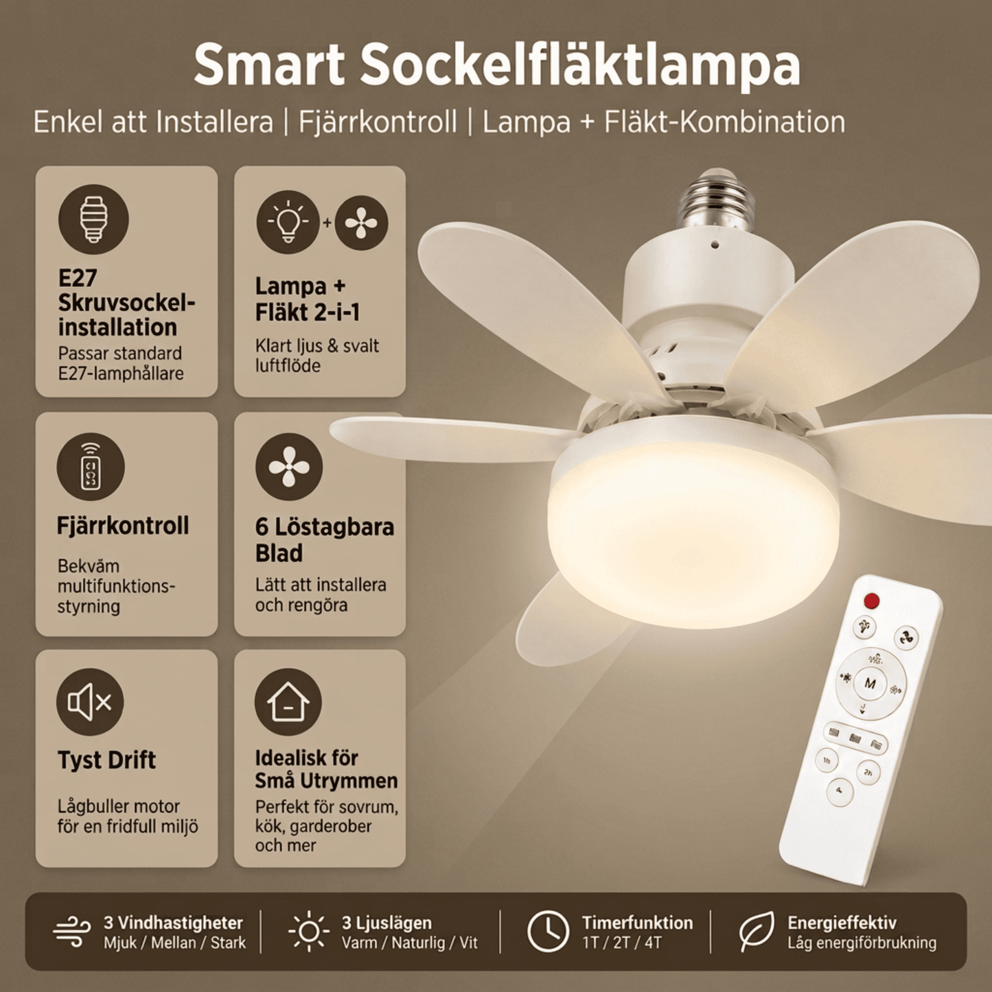 CLARA – Takfläkt med LED och Fjärrkontroll, 6 Blad, Dimbar E27