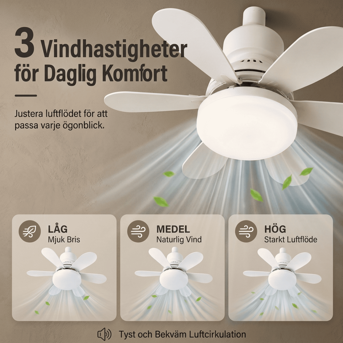 CLARA – Takfläkt med LED och Fjärrkontroll, 6 Blad, Dimbar E27