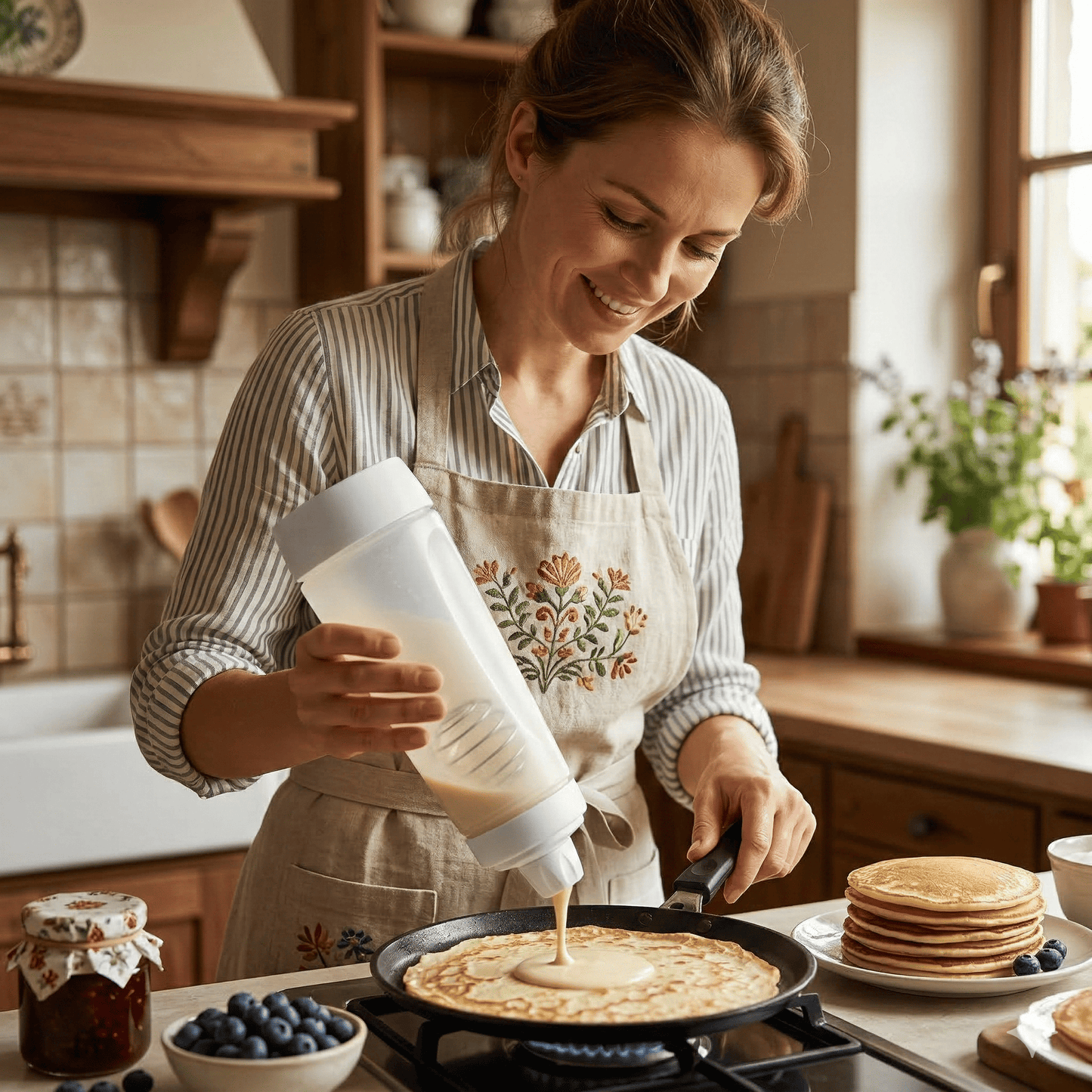 PAMELA - Fouet à main pour crêpes, gaufres et cupcakes, mélangeur et distributeur en acier inoxydable pour une cuisson facile à la maison