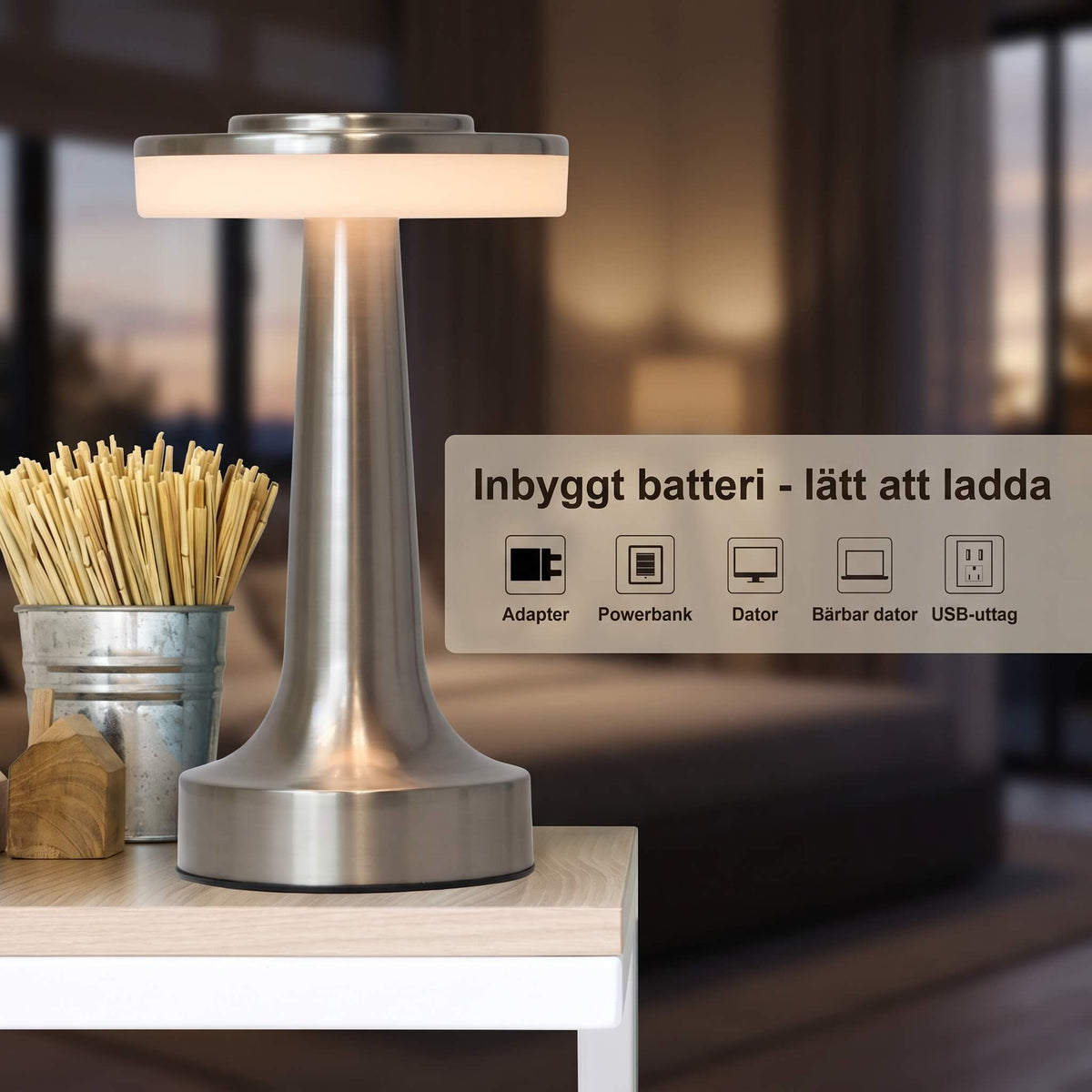 PONTUS – Rechargeable Retro Table Lamp with Touch Dimming and 3 Light Colours – Cordless LED Lamp in Gold, Silver or Rose Gold
