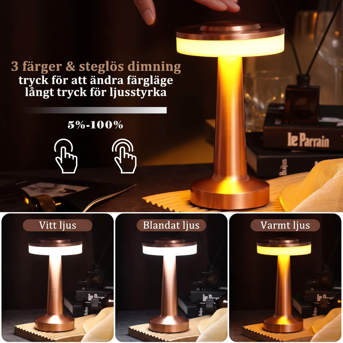 PONTUS – Rechargeable Retro Table Lamp with Touch Dimming and 3 Light Colours – Cordless LED Lamp in Gold, Silver or Rose Gold
