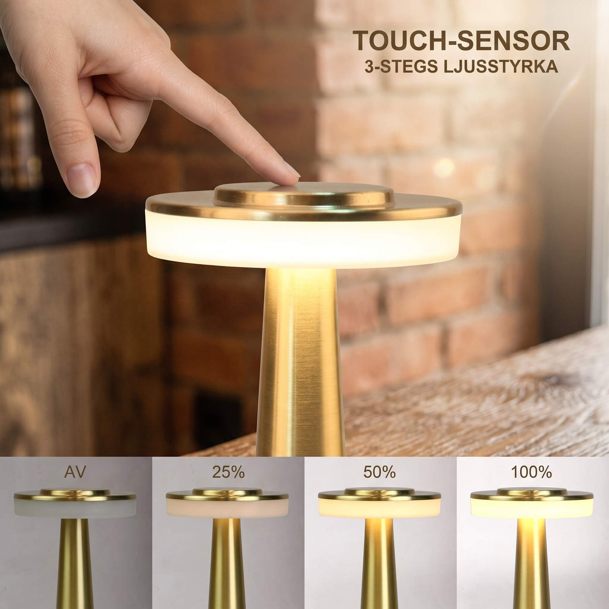 PONTUS – Rechargeable Retro Table Lamp with Touch Dimming and 3 Light Colours – Cordless LED Lamp in Gold, Silver or Rose Gold