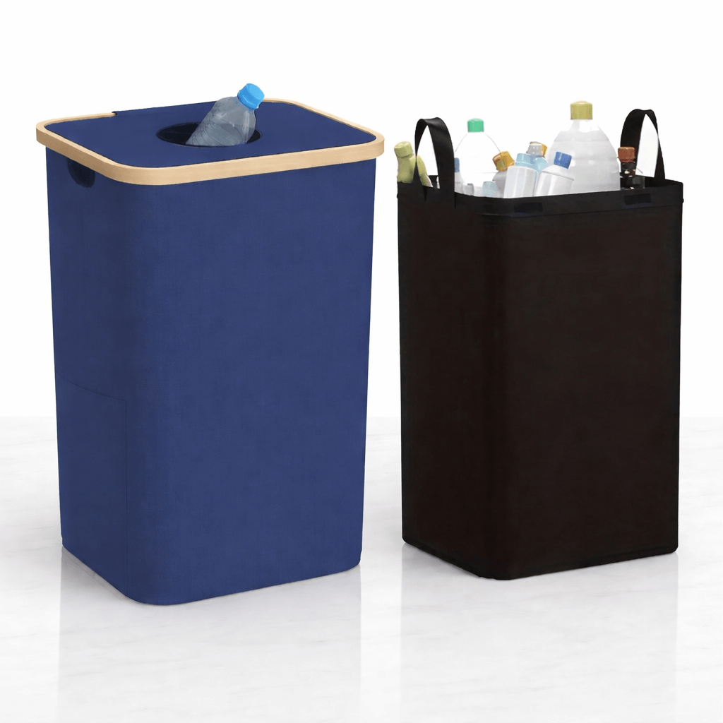 QUINN – Poubelle de recyclage pliable en bambou avec sac intérieur amovible, 100 L, pour la cuisine et le stockage des bouteilles consignées