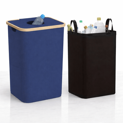 QUINN – Poubelle de recyclage pliable en bambou avec sac intérieur amovible, 100 L, pour la cuisine et le stockage des bouteilles consignées