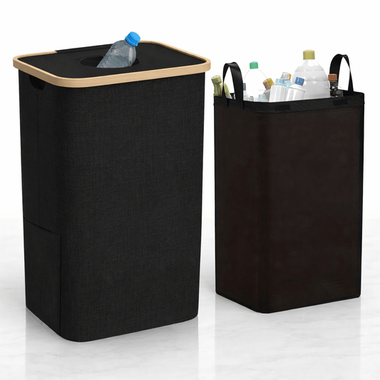 QUINN – Zusammenklappbarer Recyclingbehälter aus Bambus mit herausnehmbarem Innenbeutel, 100 l, für Küche und Pfandflaschenlagerung